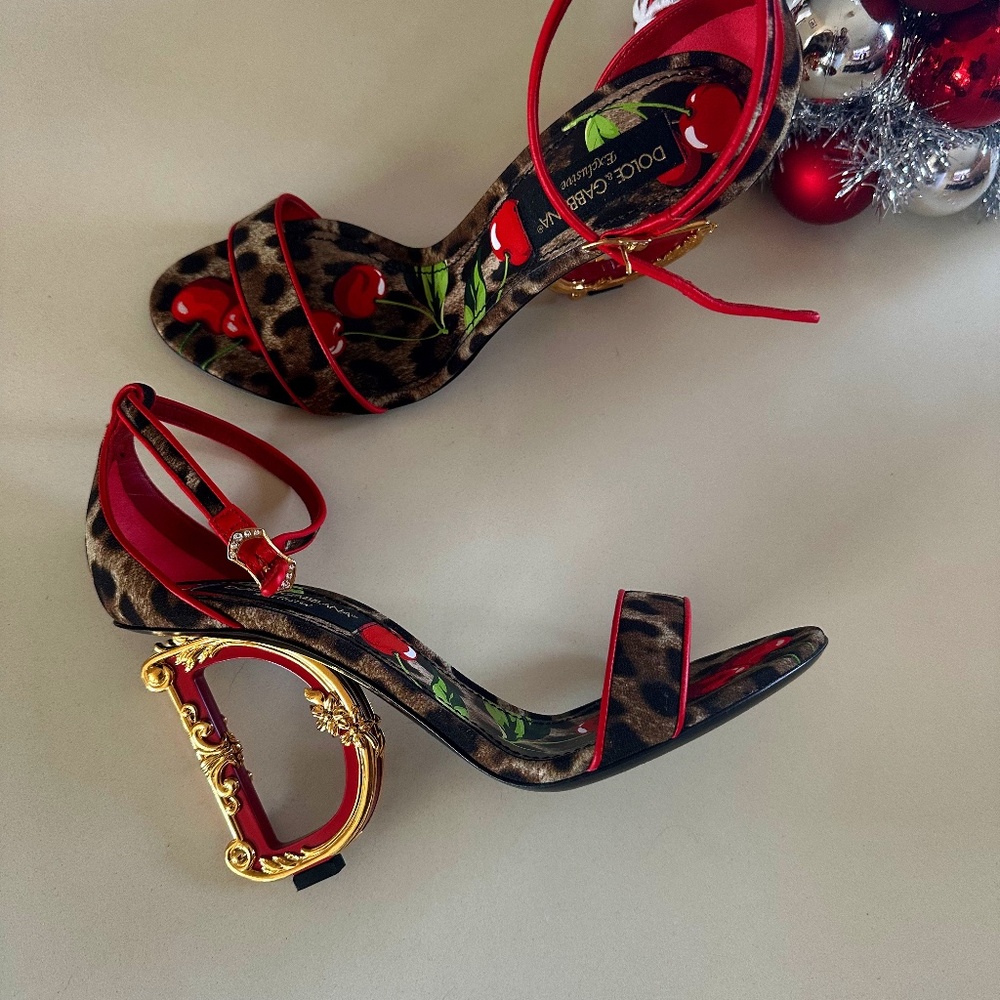 Dolce & Gabbana DG Cherry Leopard Baroque-Heel Sandals